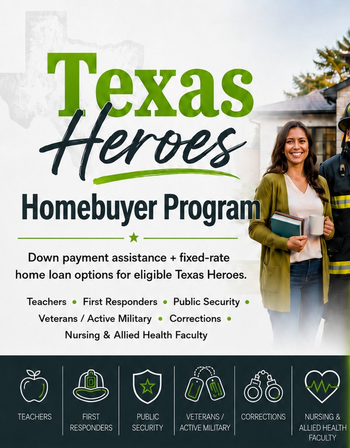 Texas Heroes Homebuyer Program flyer featuring teachers, first responders, public security, veterans and active military, corrections, and nursing and allied health faculty